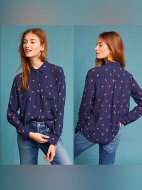 Rails Kate Navy Cherries Button Down Blouse Long Sleeve Top Medium